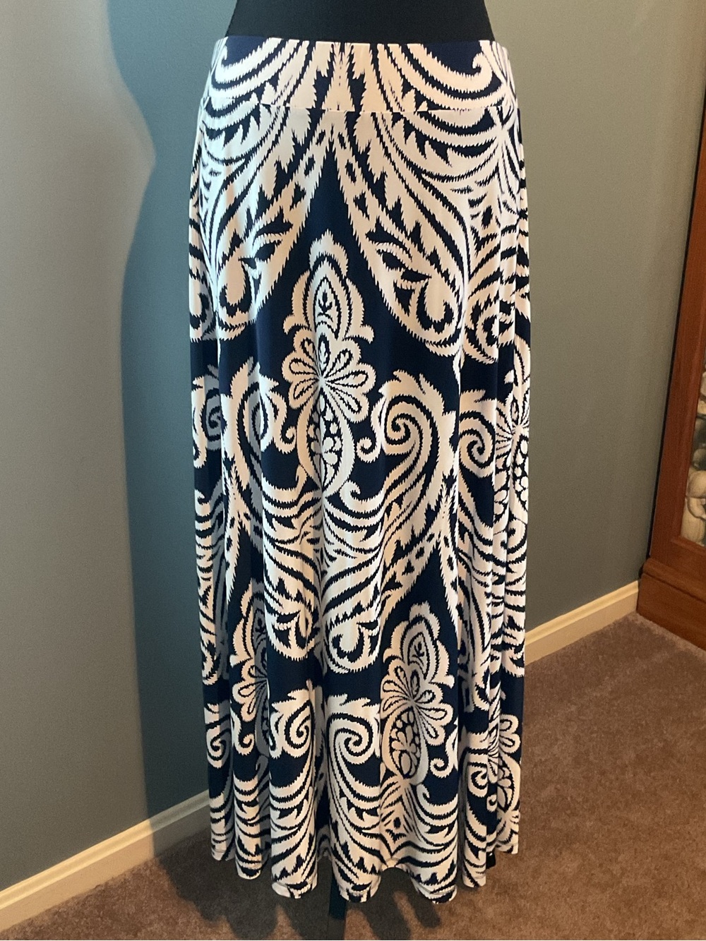 INC International Concepts Navy Blue and White Paisley Print Maxi Skirt